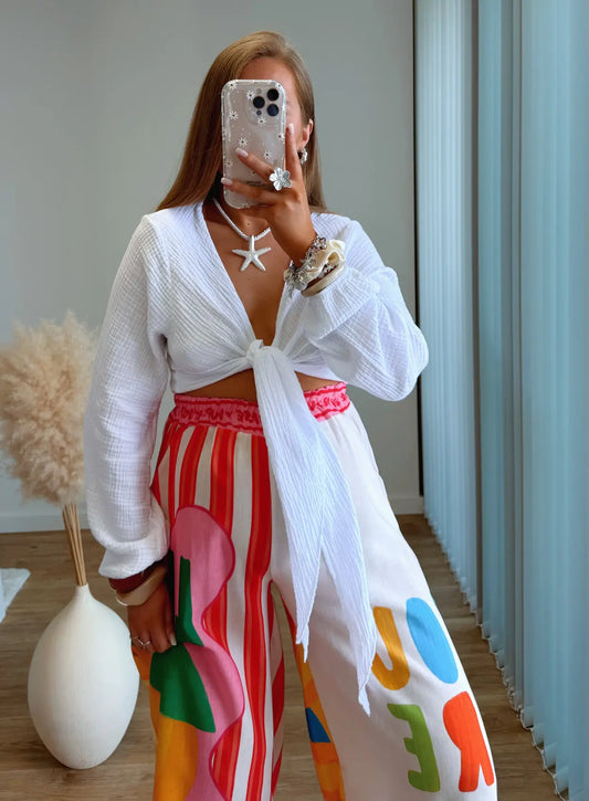 top-court-de-grossesse-manches-longues-blanc-à-nouer-en-gaze-de-coton