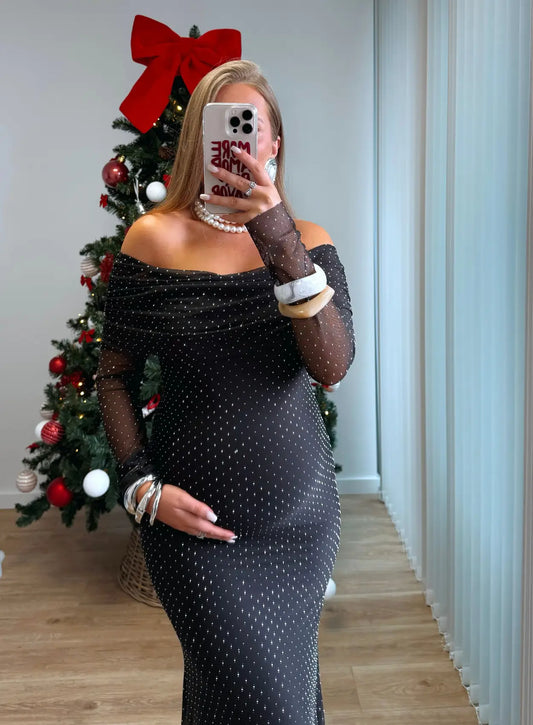 Robe-longue-de-grossesse-col-bardot-à-paillettes