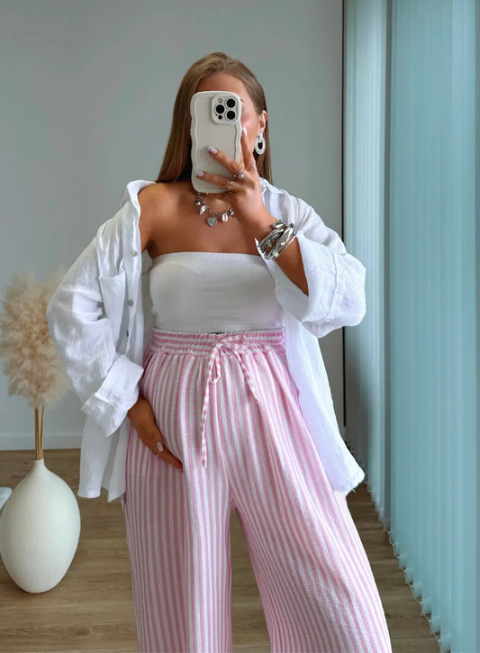 pantalon-de-grossesse-en-lin-à-rayures-roses-et-blanches