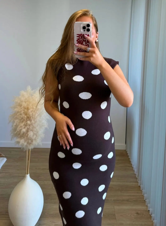 LATTÉ - Robe longue de grossesse côtelée chocolat à pois blancs