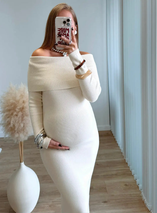 Robe-longue-de-grossesse-col-bardot-beige