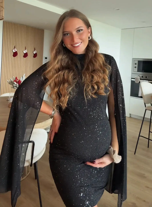 Robe-de-grossesse-à-paillettes-rouges-manches-capes