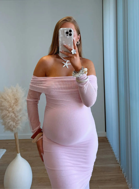 robe-longue-de-grossesse-col-bardot-cérémonie-avec-dentelle