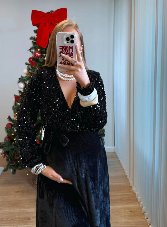 Robe-longue-de-grossesse-à-sequins-et-paillettes-noire