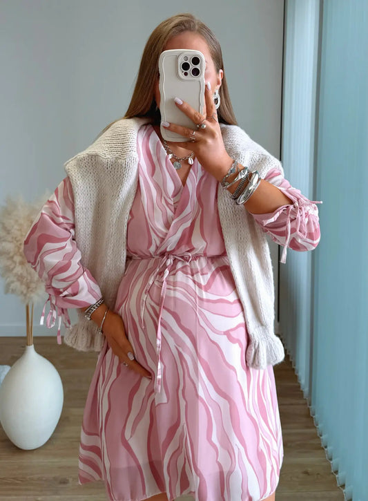 robe-courte-de-grossesse-à-motifs-rose