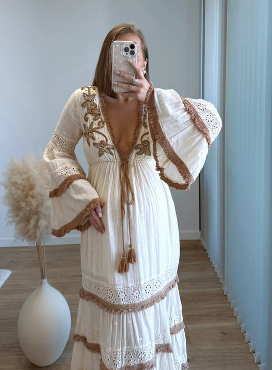 Robe-longue-de-grossesse-bohème-beige-et-marron