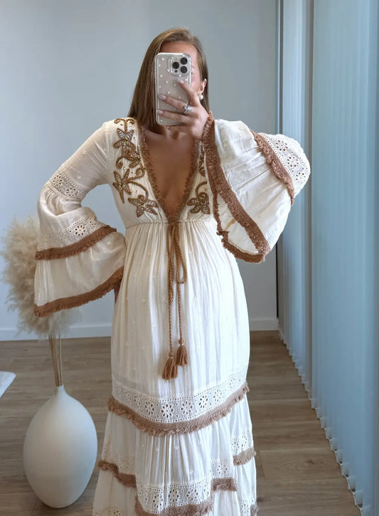 Robe-longue-de-grossesse-bohème-beige-et-marron