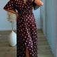 robe-longue-de-grossesse-marron-à-pois-blanc