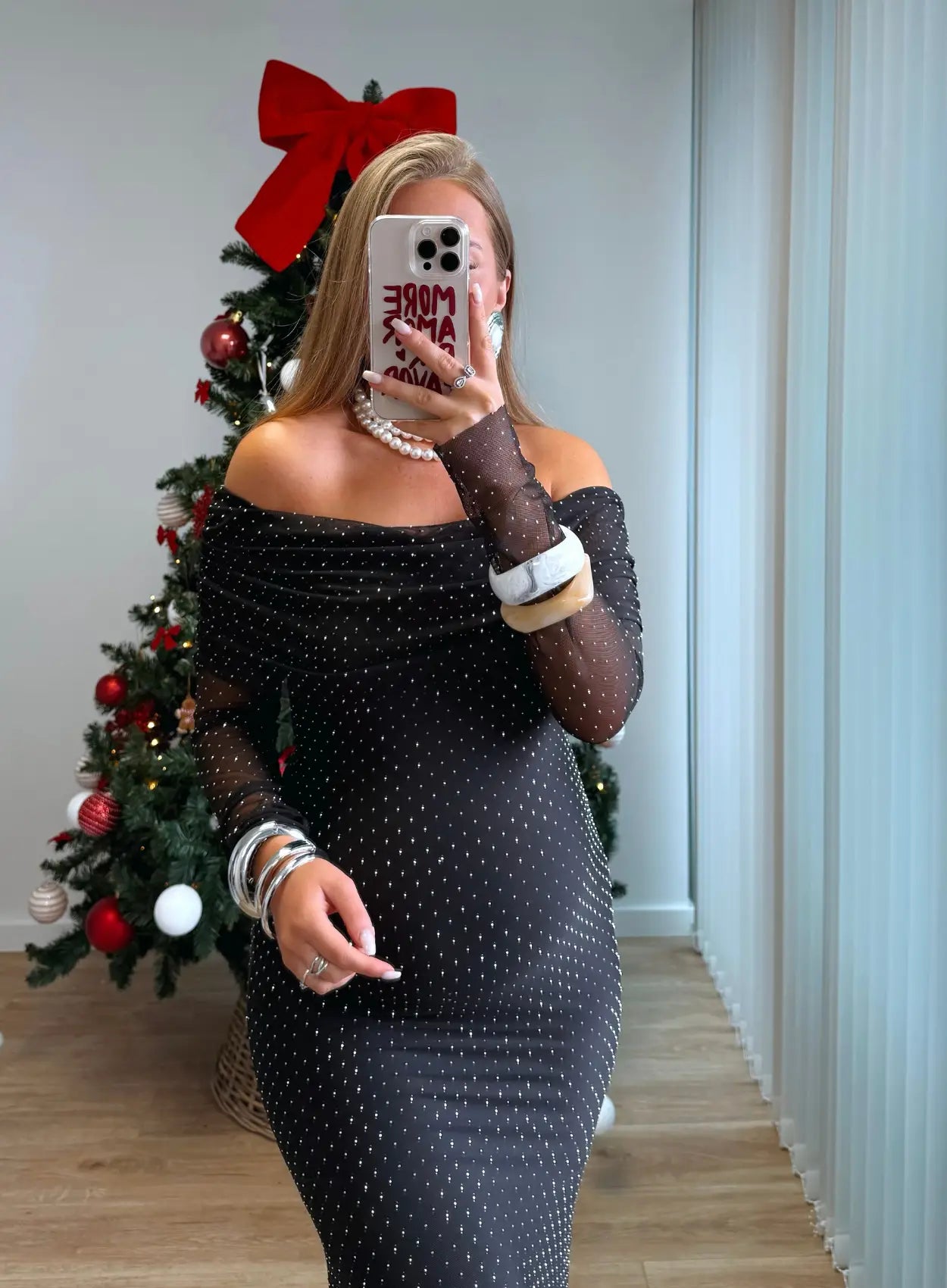 ECLAIR - Robe longue de grossesse col bardot à paillettes