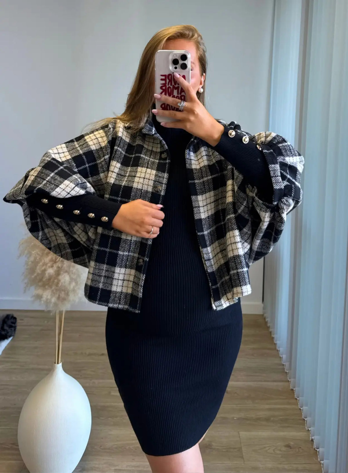GILMORE - Veste chemise de grossesse à carreaux noirs et beiges