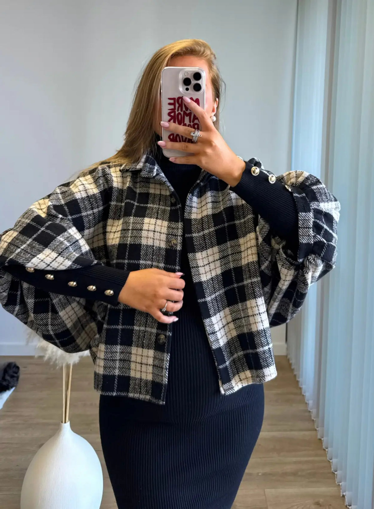 GILMORE - Veste chemise de grossesse à carreaux noirs et beiges
