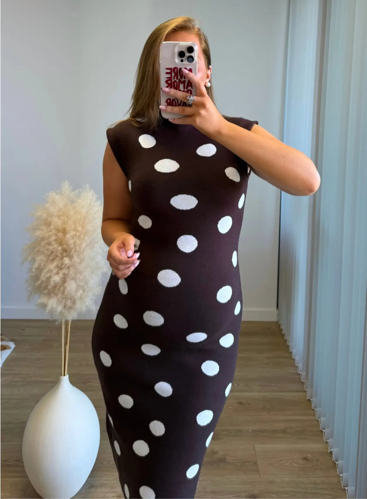 LATTÉ - Robe longue de grossesse côtelée chocolat à pois blancs