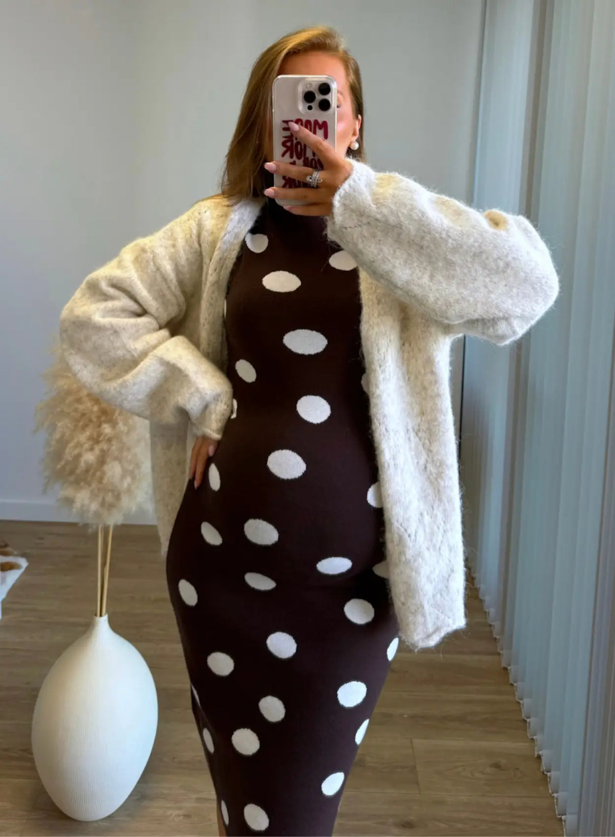 LATTÉ - Robe longue de grossesse côtelée chocolat à pois blancs