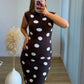LATTÉ - Robe longue de grossesse côtelée chocolat à pois blancs