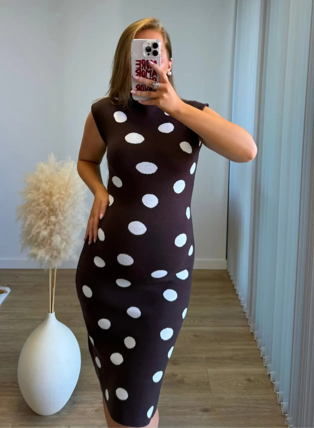 LATTÉ - Robe longue de grossesse côtelée chocolat à pois blancs