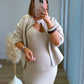 Robe-de-grossesse-côtelée-beige-à-bretelles
