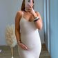 Robe-de-grossesse-côtelée-beige-à-bretelles
