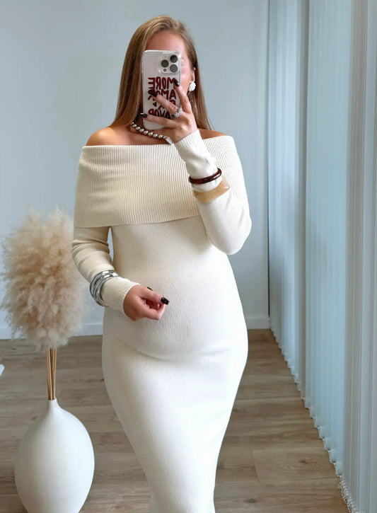 Robe-longue-de-grossesse-col-bardot-beige