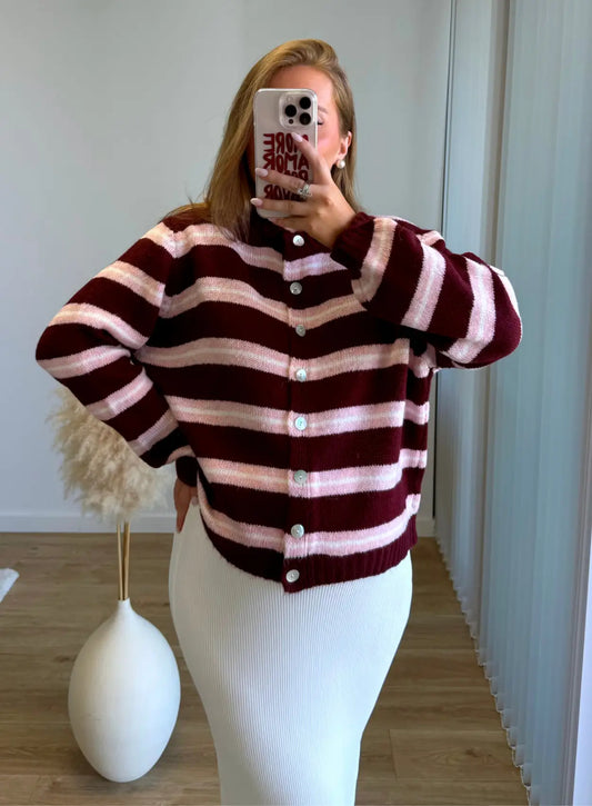 Gilet-de-grossesse-douceur-extrême-à-rayures-bordeaux-rose