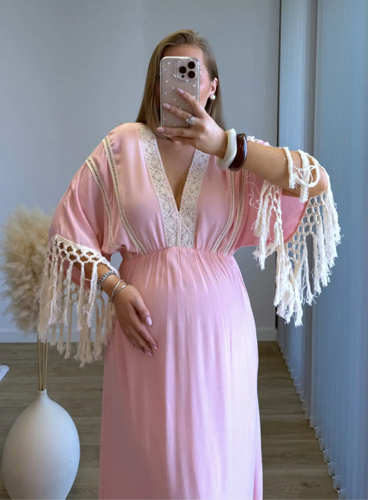 Robe-longue-de-grossesse-bohème-rose