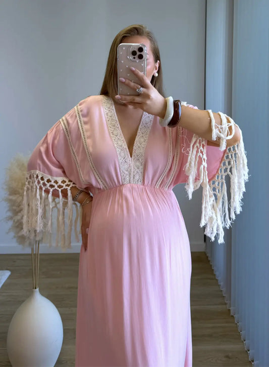 Robe-longue-de-grossesse-bohème-rose