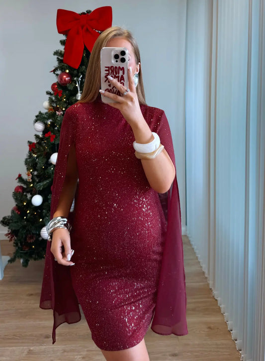 Robe-de-grossesse-à-paillettes-rouges-manches-capes