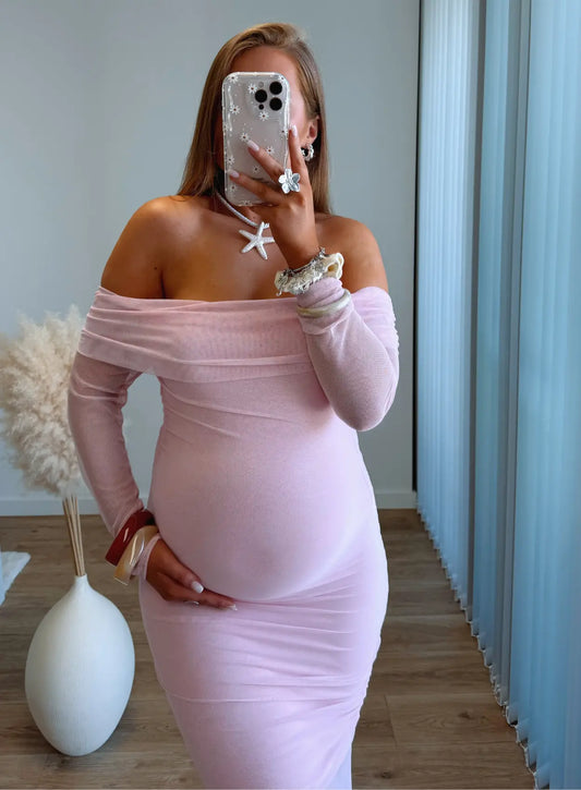 robe-longue-de-grossesse-col-bardot-cérémonie-avec-dentelle
