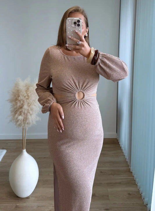 Robe-longue-de-grossesse-à-paillettes-beige