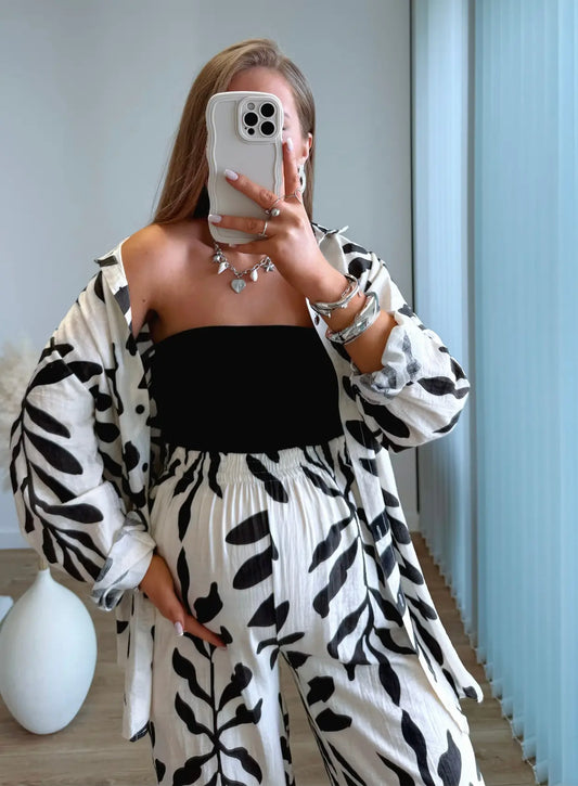 ensemble-de-grossesse-en-lin-à-fleurs-beige-et-noir