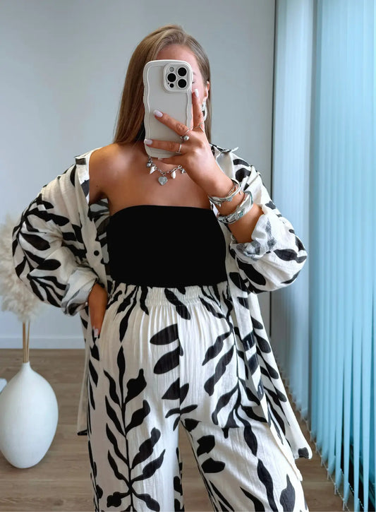 ensemble-de-grossesse-en-lin-à-fleurs-beige-et-noir