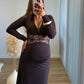 PRALINÉ - Robe longue de grossesse marron avec dentelle