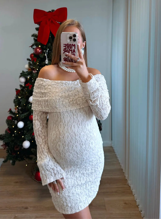 VANILLA - Robe de grossesse en dentelle beige col bardot