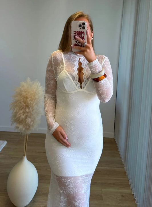 VANILLA - Robe longue de grossesse bi matière avec dentelle blanche