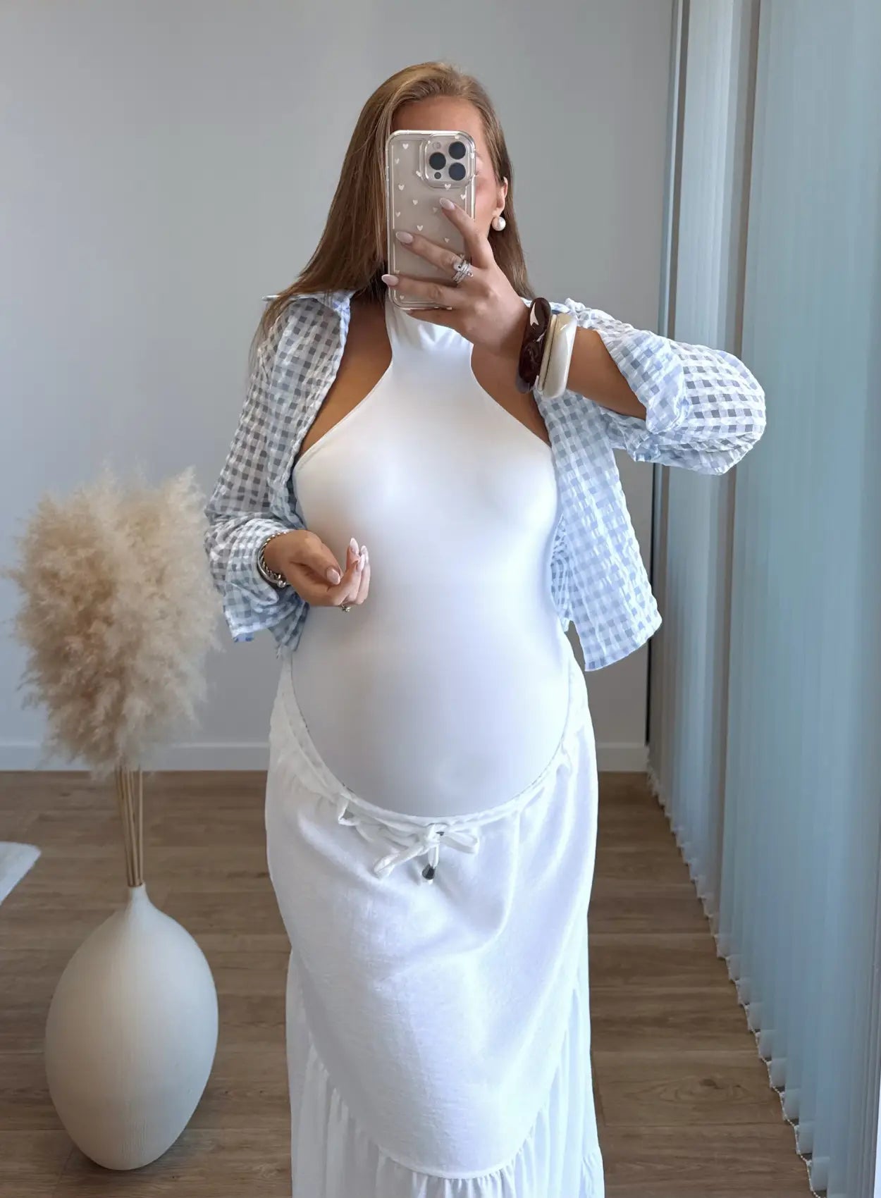 Chemise-courte-de-grossesse-bleue-à-motifs-vichy