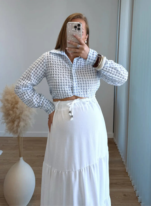 Chemise-courte-de-grossesse-bleue-à-motifs-vichy